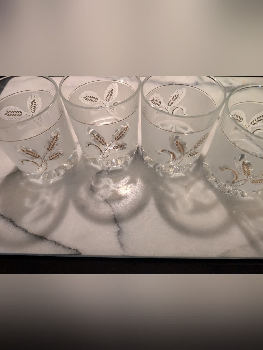 Vintage Frosted Glass Wheat Motif Lowball Tumblers Made in Italy Set of 4